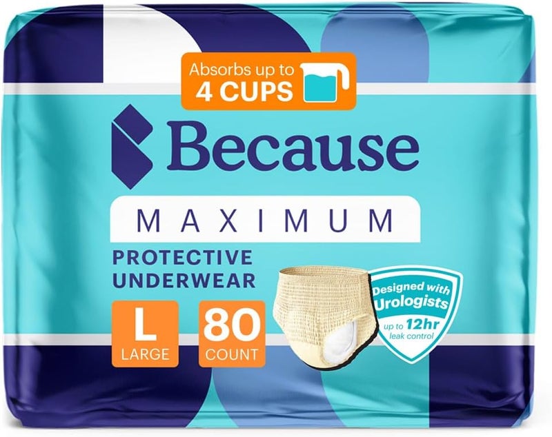 because Premium Maximum Plus Adult Incontinence and Postpartum Bladder Leak Underwear for Women, Maximum Absorbency, Disposable, Beige, Large, 80 Count (4 Packs of 20) - Image 1